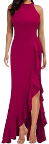 Placitiume Vestido largo de cóctel, de cuello alto, estilo sirena, bodycon, con abertura, para mujer, de fiesta formal, Rosa Roja, M
