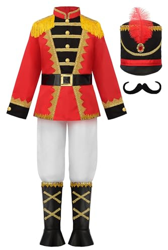 ReliBeauty Vestito Schiaccianoci per Bambino, Uniforme Soldatino con Cappello e Copriscarpe Natale Cosplay Carnevale Halloween, 100