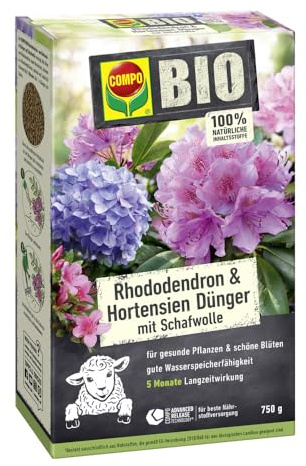 COMPO BIO Rhododendron- und Hortensiendünger 750 g, 5 Monate Wirkung | Pflanzen-Dünger mit Schafwolle für alle Rhododendren und Moorbeetpflanzen, natürliche Langzeitwirkung, fördert Blütenbildung