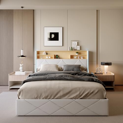 Bett 140 x 200 cm mit Boxspringbett, Doppelbett mit hydraulischer Aufbewahrung, gepolstertes Kopfteil, mit offenem Regal, LED und USB, Doppelbett für Erwachsene und Jugendliche (Weiß, 4, 140 x 200 cm)