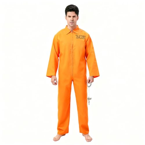 AR BRAND EST. 2021 Prison Costume Orange Jumpsuit, Convict Inmate Fancy Dress Boiler Suit Overall with ID Number, Adult Costume for Halloween, Cosplay Events