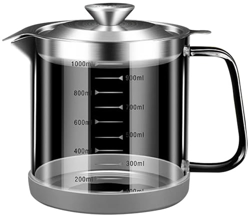 Colador de aceite Olla 1000ml/35oz Vidrio de escala transparente Contenedor de aceite usado Cocina con filtro y escala y mango Base de silicona Colador de grasa para el hogar Restaurante Cocina Conte
