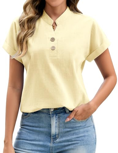 UMIPUBO Womens Summer Blouses Short Sleeve Blouse T Shirts Half Button V Neck Basic Cotton Tops Cap Sleeve Ladies Tees Shirts Solid Color Casual (Yellow, L)