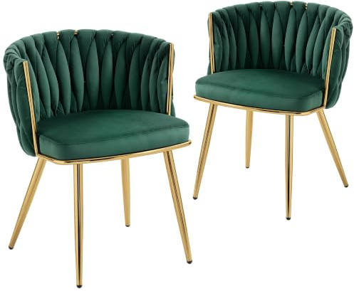 HOMCOM Velvet-Feel Dining Chairs Set of 2 Upholstered Armchair, Dark Green | Modern Style, Knot Design, Golden Metal Legs, Accent Chair, Dining Room Bedroom, Kitchen, Living Room