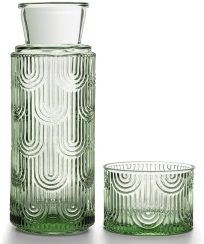 Juego de jarra de agua con vaso de vidrio - Jarra de vidrio con tapa - Jarra de agua de vidrio para habitación de invitados, baño, sala de estar, 630 ml (verde)