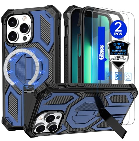 YmhxcY for iPhone 13 Pro Max Case，Compatible with MagSafe[With 2 pieces of tempered glass screen protector] With concealed metal bracket，Heavy-Duty Shockproof Rugged Case，6.7 inch(Blue)