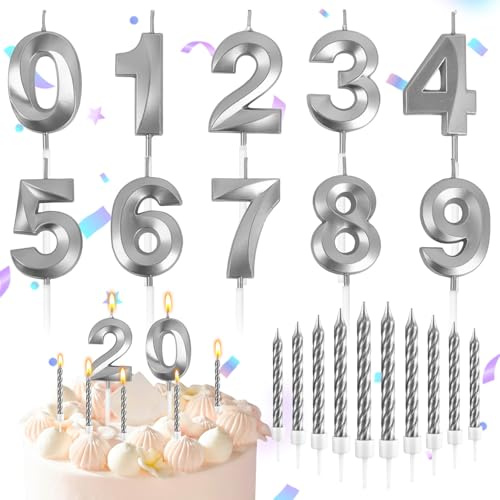 20 Stück Silber Geburtstagskerzen Zahlen 0-9, Birthday Candles Cake | Silber Spirale Kuchen Kerzen, Dekoration Kuchen Nummer mit Halter, für Torten Geburtstag Party Hochzeit Dekoration