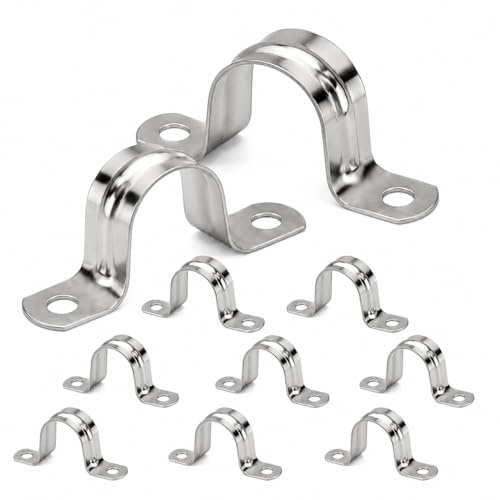 FortWeal 40mm Stainless Steel Pipe Strap Clamp 10 Pcs, Heavy Duty 304 Two Hole U Bracket Conduit Clips for Water, Gas and Cable Pipe Fixing, Metal Saddle Clamps for Indoor and Outdoor Use