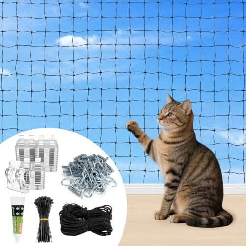 ETACCU Katzennetz für Balkon 3×4 m, Drahtverstärktes Ohne Bohren | UV-beständig 3 × 3 cm Maschen Komplettes Zubehör Für Balkon, Fenster & Terrasse Zuschneidbar Innen- & Außenbereich