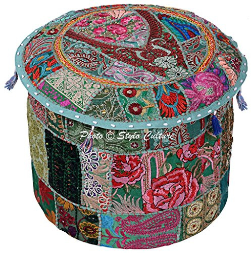 Stylo Culture Baumwoll Patchwork gestickter osmanischer Hocker Abdeckung Grüner Blumenoftoman-Hocker