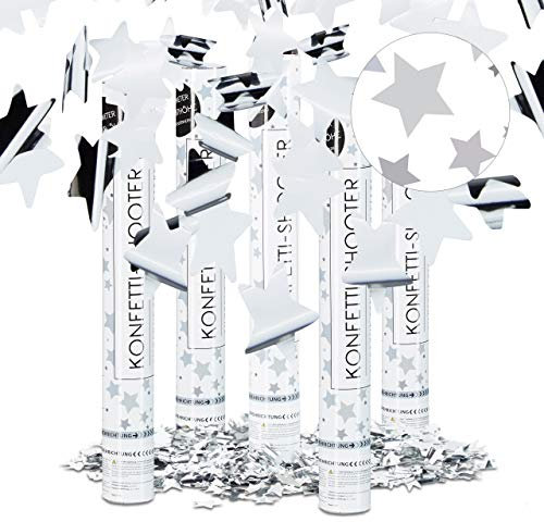 Relaxdays 5er Set Party Popper Silber 40 cm, Sternenregen bis 8m Effekthöhe, Konfetti Kanone für Silvester, Geburtstag, Karneval