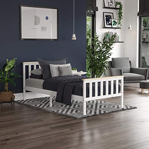 Vida Designs Milan Single Bed, 3ft, Bed Frame, Solid Pine Wood, Headboard, High Foot End Bedroom Furniture, White & Pine