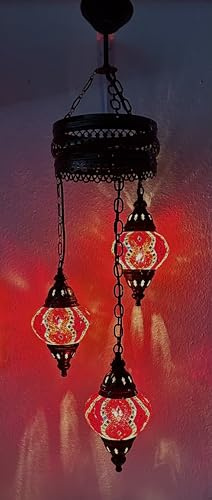 Samarkand - Lights Handgefertigte Orientalische Mosaiklampe Mosaik Glas Innenleuchte Pendelleuchte Deckenleuchte Hängeleuchte Hängelampe 3 Lichter Glasgröße 2 / ROT