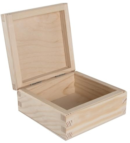 WooDeeDoo Small Square Wooden Box with Hinged Lid – 11 x 11 x 5 cm Plain Pine Keepsake Storage for Trinkets Jewellery Crafts Memory DIY Decoupage Personalisation Unpainted Natural Wood