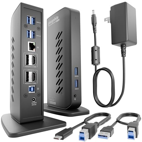 Plugable Docking station USB 3.0 e USB-C Dual 4K Display con DisplayPort e HDMI per Windows e Mac (Dual 4K DisplayPort & HDMI, Gigabit Ethernet, Audio, 6 porte USB) Verticale