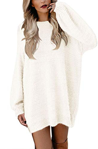 Viottiset Damen Weihnachts Oversize Strickpullover Imitation Kaschmir Minikleid Beige Weiss X-Large