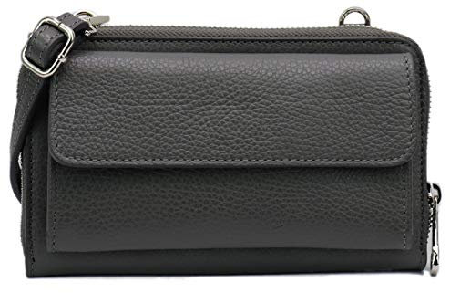 SH Leder Damen Handytasche Umhängetasche Geldbörse Multifunktion Beutel aus Echtleder Verstellbar Schultergurt Handy bis 6,7 Zoll 11,50x19cm Vera G368 (Dunkelgrau)
