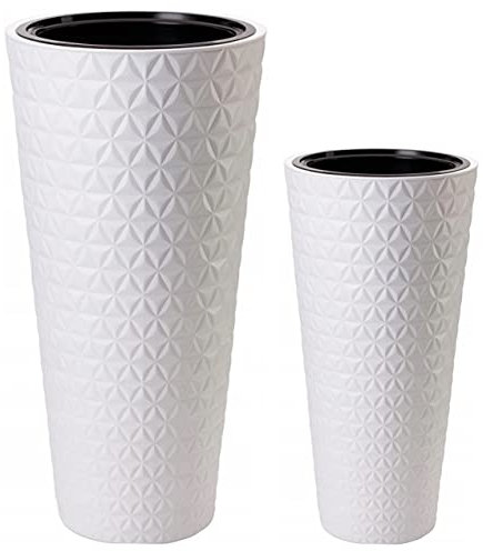 MELTOM Blumenkübel Diamant Rund Slim 3D Effekt Pflanzkübel mit Herausnehmbaren Einsatz Hoch Set 2: XL+XXL Weiß