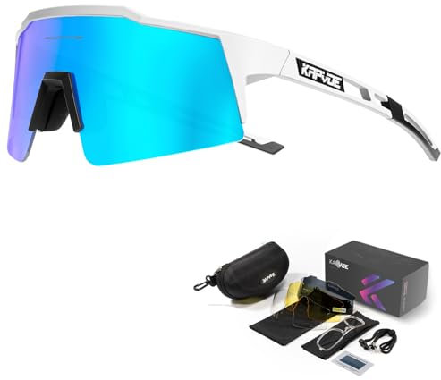 KAPVOE Polarisiert Fahrradbrille mit 4 wechselgläser TR90 Rahmen für Herren Damen Sport Radfahren MTB Sportsonnenbrille Radbrille Sportbrille Fahren Angeln Baseball Laufen 03 Blau Weiß