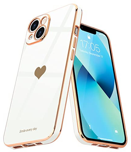 Teageo for iPhone 13 Case Cute Heart Pattern for Women Girls Slim Luxury Bling Plating Soft TPU Anti-Scratch Shockproof Bumper Phone Case for iPhone 13, White
