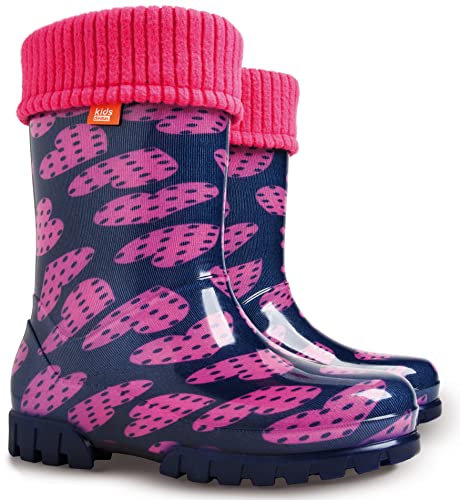 Demar Stivali di gomma per bambini e bambine, caldi, foderati in pile, unisex, Cuori a pois, 31 EU