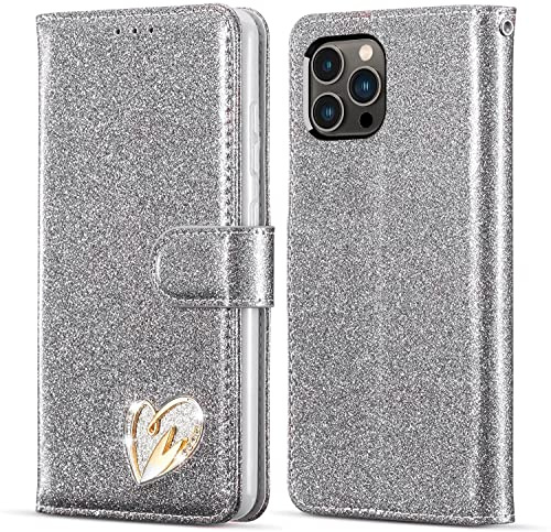 KP TECHNOLOGY Case for iPhone 14 Pro Max, Premium Shiny Bling Glitter Loving Heart Book Flip Stand Wallet Card Phone Case for iPhone 14 Pro Max (SILVER)