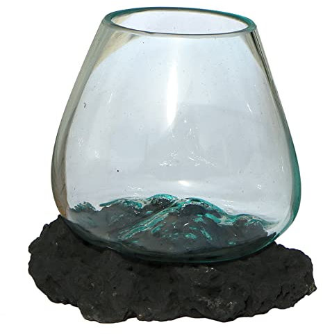 Wogeka - Designer Glas-Vase Batur auf Lava-Stein als Maritime Mediterrane Deko Geschenk-Idee zu Weihnachten Geburtstag (Batur L (Ø Glas 17-19 cm))