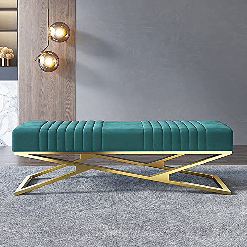 Luxuriöse Gepolsterte Sitzbank Mit Samt,Bequeme Schuhbank Im Eingangsbereich Mit Goldener Basis,Modernes Schlafzimmer-Ende Der Bettbank Multifunktions-Akzent-Sofabank-Blau 100x38x42cm(39x15x