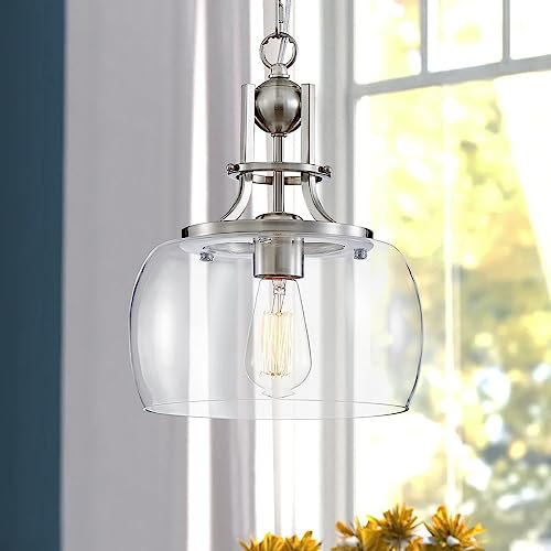 WUZUPS araña rústica casa de campo industrial techo redondo colgante led lámpara con pantallas de vidrio transparente para comedor cocina isla vestíbulo entrada, H33 W25, Níquel Cepillado