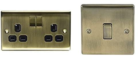 BG Electrical nab22b Metal Antique Brass Double Plug Socket Switch - Antique Brass Black & nab12 Single Light Switch, Antique Brass, 2-Way, 10AX