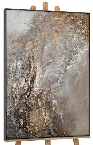 YS-Art Luxus Abstrakt Design Acryl Gemälde auf Leinwand Universum handgemalt Wandbilder Wohnzimmer modern Wohndekor Bilder Büro Grautöne echte Kunst 120x80 cm