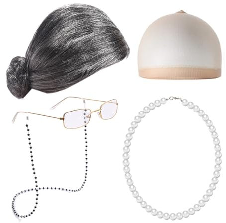 CENPEK Old Lady Kostüm Großmutter Cosplay Zubehör Set Oma Perücke Perücke Kappe Oma Brille Brillen Ketten Armband Perlenkette, Alte Dame Cosplay Set Kostümzubehör
