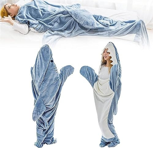 Herfair Hai Decke Erwachsene Zum Anziehen, Hai Decke Schlafsack, Super Soft Cozy Flannel Blanket Hoodie Shark Onesie, Hai-Liebhaber