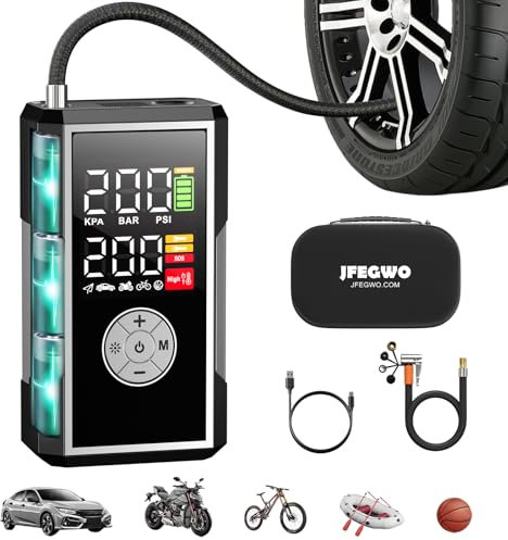 JF.EGWO Tire Inflator Portable Air Compressor, 200PSI 2X Faster Inflation Cordless Air Pump, Portable Electric Smart Auto Air Pump for Car Tires with Pressure Gauge Emergency Light, Black