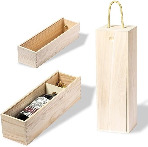 3 cajas de presentación de madera para 1 botella de vino de madera natural de paulownia con tapa deslizante, cierre de cuello de botella y cordón de transporte