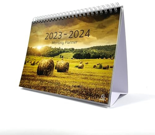 Exacompta - Ref GS050Z Sep 2023 – Oktober 2024 Schreibtischkalender/Monatsplaner Haybale-Design, Monat pro Seite, inklusive britischen Feiertagen, 210 mm x 150 mm, steht sicher auf einem