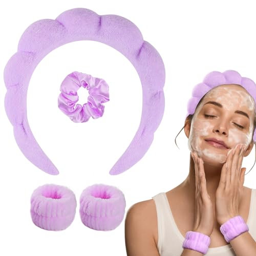 WD&CD Stirnband, Damen Spa Haarband Haarband, Make up Stirnband Handgelenk Waschband Set für Hautpflege, Gesichtsreinigung, Dusche-Lila