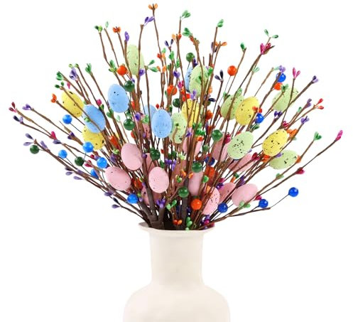 U'Artlines Künstliche Ostereier, 38,1 cm, Frühling-Ostereier-Stiele mit bunten Beeren, niedliche Blumen, Oster-Blumen-Picker für Frühling, Urlaub, Party, Basteln, Ostergeschenke, 6 Stück