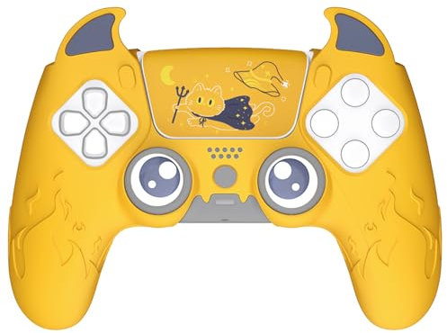 playvital Protection Manette pour ps5 Coque Housse Silicone avec Capuchon pour ps5 Joystick Grip et Sticker Pavé Tactile,Cover Skin Compatible avec Station de Charge,Cute Demon-Jaune