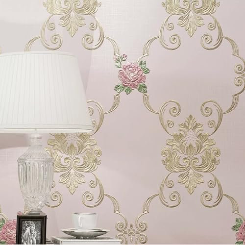 HimYKEA European Large Flowers Damask Wallpaper Rustic Relief 3D Non-Woven Home Decoration Cozy Bedroom Living Room Non-Pasted Wallpaper Pink Red 1.73'W x 32.8'L