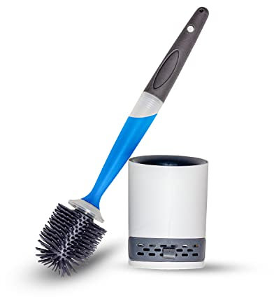 GranFore Silikon WC-Bürste mit Reinigungsspender und geruchsneutralisierendem Saugstein - Bakterienresistent, Elegantes Design, inkl. Wandhalterung, weiß/grau