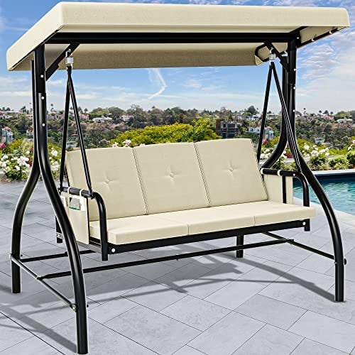 YITAHOME Canopy Garden Swing 3-Seats Outdoor Patio Seat Heavy Duty Swing Chair with Adjustable Canopy Removable Cushion, Suitable for Adult in Garden, Poolside, Balcony, Beige