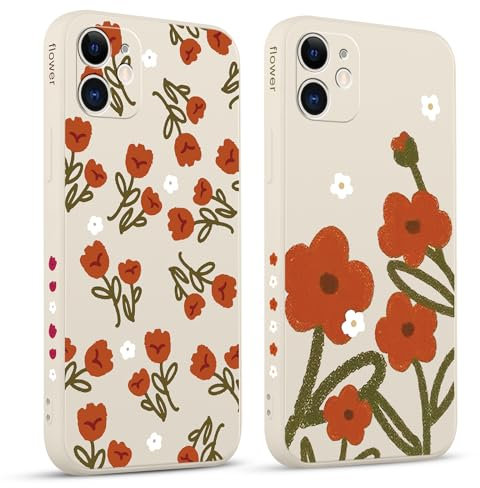 Pnakqil 2 stück Handyhülle für Apple iPhone 11 6.1,Hülle süßer Orange Blumen Muster Aesthetic Frauen Design süß Aesthetic Schön Mädchen Kameraschutz Stoßfeste Case Silikon Schutzhülle Tasche