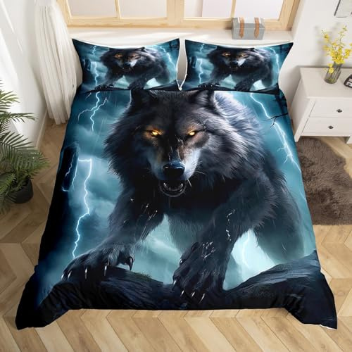 Homewish Wolf Bettbezug 155x220 für Mädchen Jungen Kinder Erwachsene,3D Tier Print Wolf Bettwäsche Set Gothic Home Decor,Jagd Wildlife Safari Tröster Abdeckung Blitzbett Set