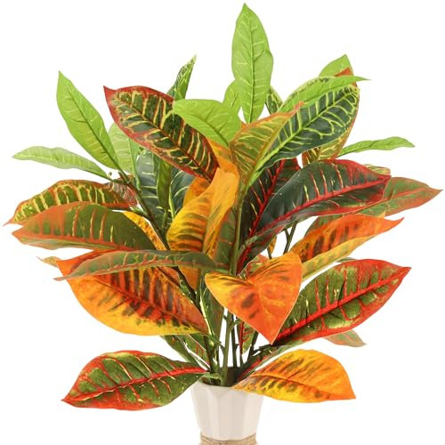 Funzhan 4 Pack künstliche Croton Pflanze Stiel 74 cm realistische Faux Greenery Zweig Lange lebendige Herbstfarben Blätter für Haus Vase Füller Weihnachten Kranz Kamin Dekor Hochzeit Mittelstücke