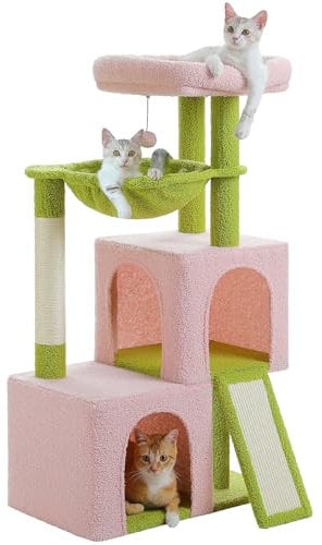 PETEPELA Árbol rascador de 104 cm con 2 espaciosas cuevas para gatos de casa, casa para gatos con cómoda hamaca, barra acolchada, almohadilla para rascar y pelota de juego extraíble, color rosa