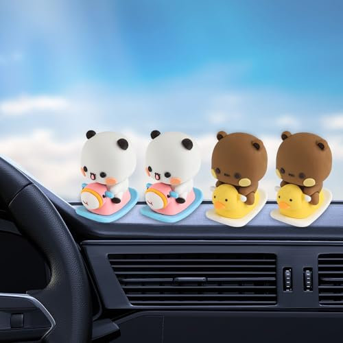 4 Stück Wackelfigur Auto, Bubu Dudu Kawaii Deko, Bubu Dudu Figur, Niedliche Armaturenbrett Auto Dekorationen, Interieur Autozubehör, Panda-Bär-Figur, Wackelkopf Car Geschenk, Schreibtischdekoration