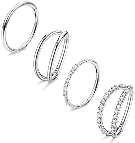Dochais 4 Stück Nasenring Edelstahl, Nasenpiercing, Hoop Nose, Helix Set, Daith, Septum Ringe, Hoop Ohrringe für Damen Männer Silber 8mm 20G