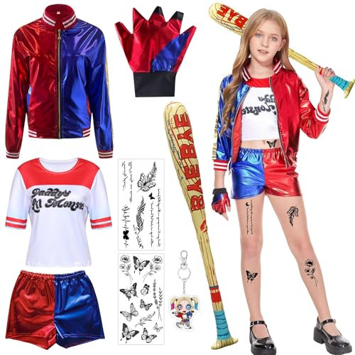 Harley Quinn Cosplay Kostüme,Harley Quinn Kostüm Damen,Suicide Squad Kostüm,Mädchen Bösewicht Kostüm Kit,Harley Quinn Kostüm für Erwachsene und Kinder,Halyquin Kostüm für Halloween Karneval Cosplay