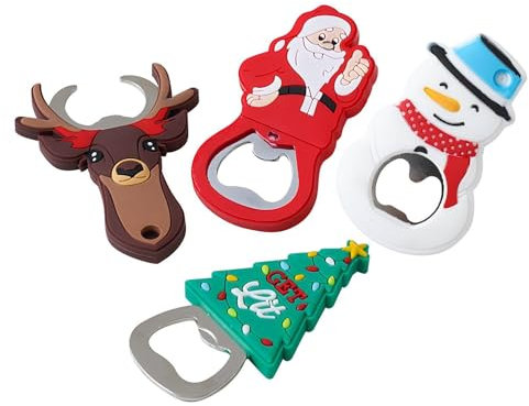 Lot de 4 décapsuleurs de Noël en acier inoxydable - Décapsuleurs fantaisie en silicone - Décapsuleurs de canettes de bière en métal sur le thème de Noël - Cadeaux de fête de Noël pour la maison et les
